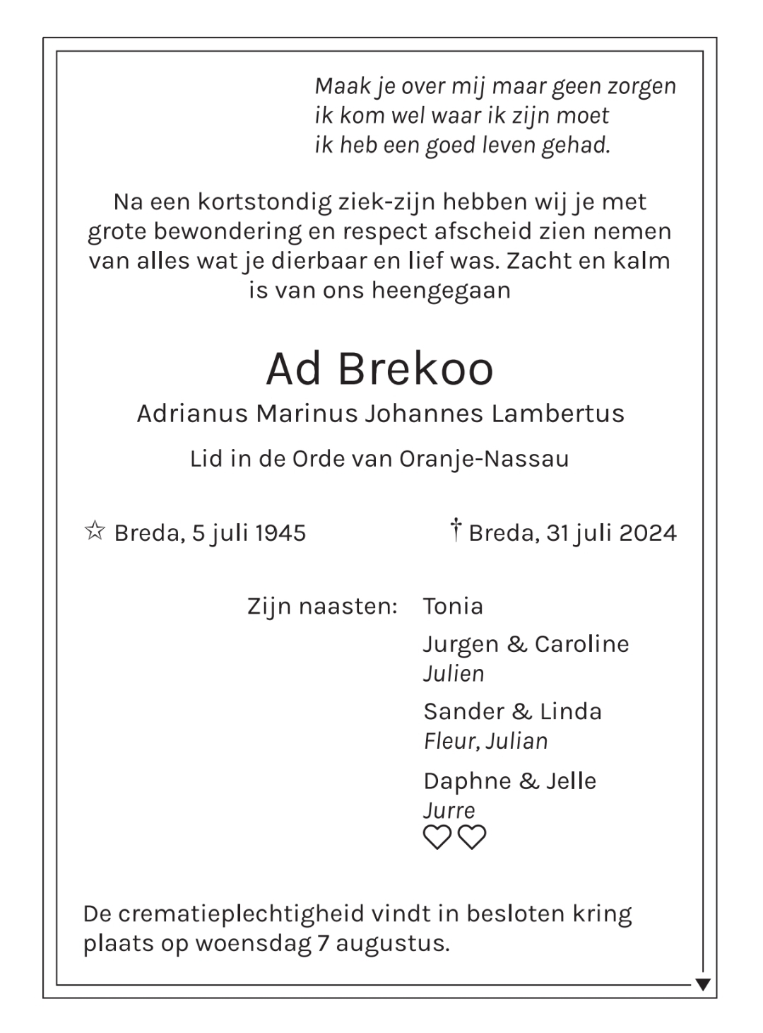 Ad Brekoo overleden op 31 juli 2024